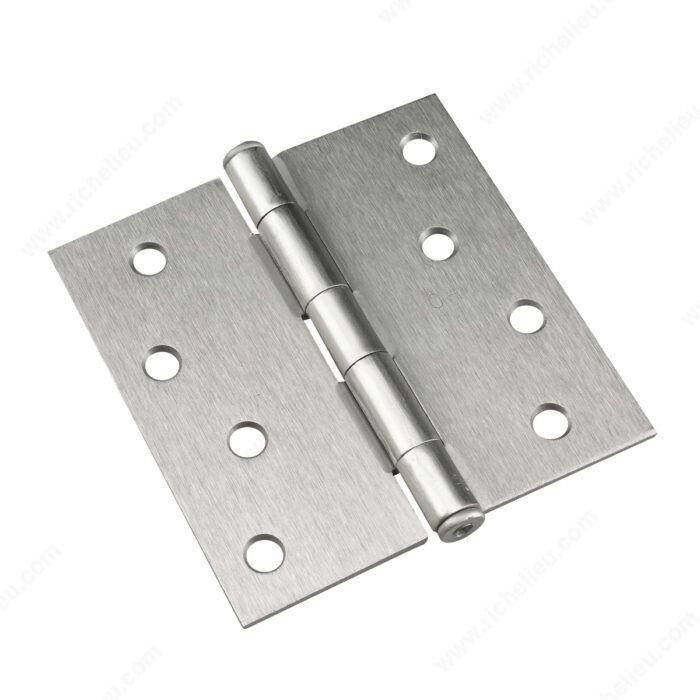4 inch square corner butt hinge in brushed nickel for interior doors.