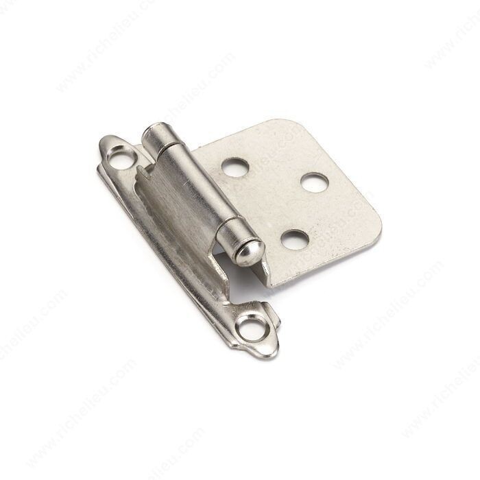 2-3/4 inch self-closing semi-concealed cabinet hinge in a brushed nickel finish.