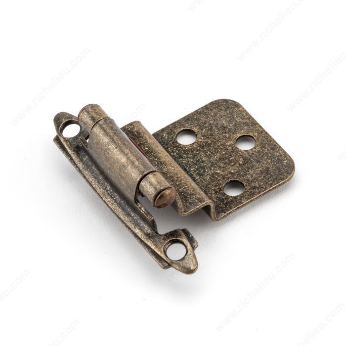 Inset hinge, 3/8 inch, antique brass finish, for cabinet doors.