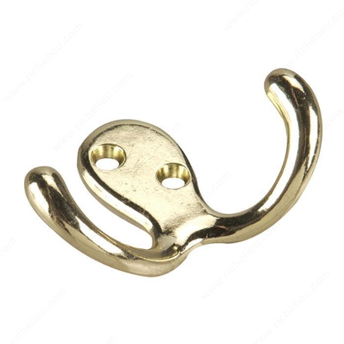 3 3 inch double wardrobe hook in brass, for hanging coats and towels.
