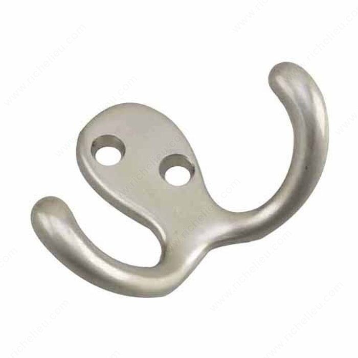 3 3 inch double wardrobe hook in brushed nickel, for hanging coats and towels.