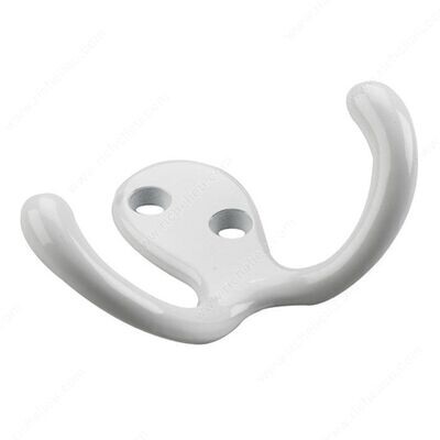 3 3 inch double wardrobe hook in white, for hanging coats and towels.