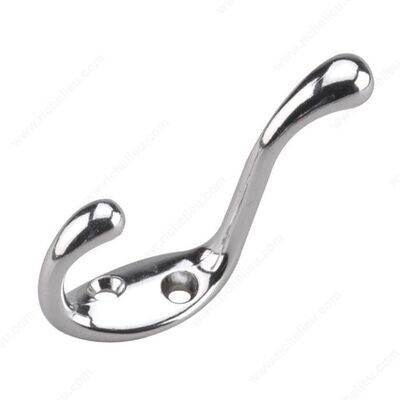 3-1/2 3-1/2 inch coat hook in chrome, for hanging coats, bags, and towels.