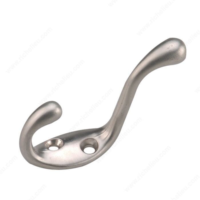 3-1/2 3-1/2 inch coat hook in brushed nickel, for hanging coats, bags, and towels.