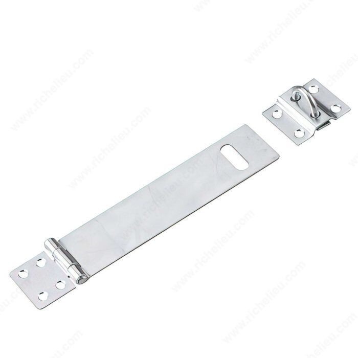 4-1/2 inch zinc hasp with loose staples for adjustable padlock placement.
