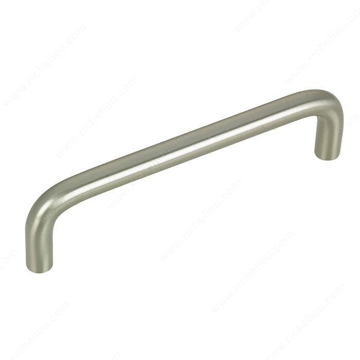 Brushed nickel cabinet handle with 96mm hole spacing, for kitchen or bath cabinetry.