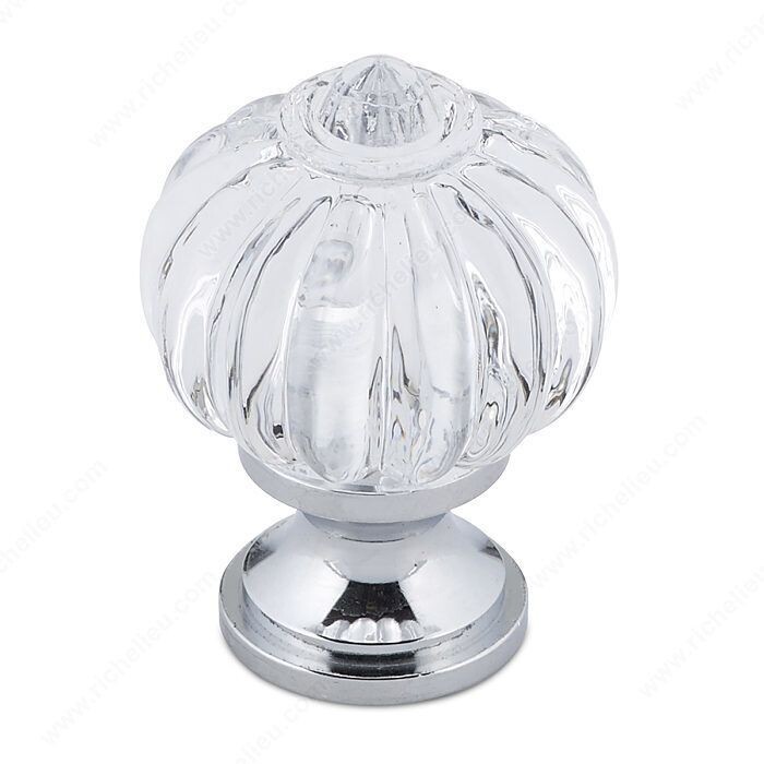Acrylic clear cabinet knob with a chrome finish for cabinets and drawers.