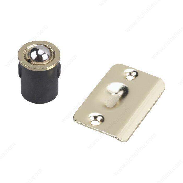 Adjustable ball catch in a brass finish for cabinet and closet doors.