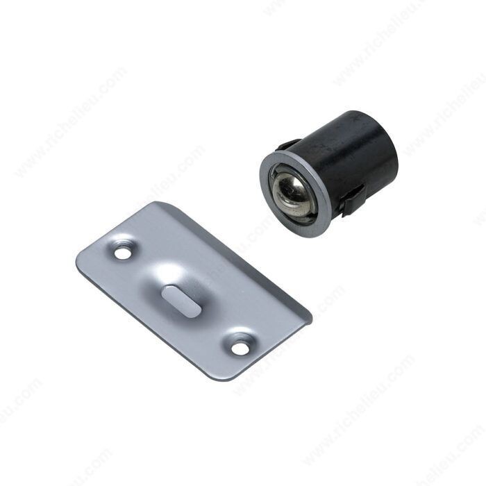 Adjustable ball catch in a brushed chrome finish for cabinet doors.