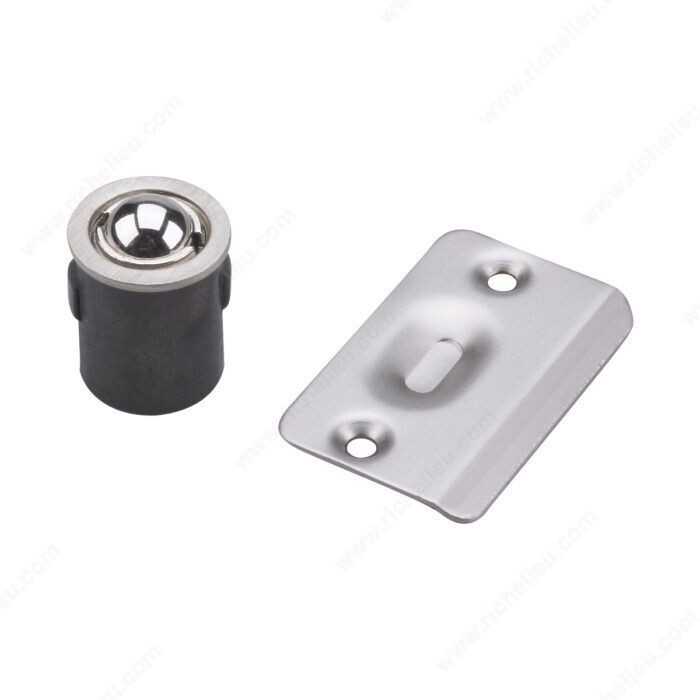 Adjustable ball catch in a brushed nickel finish for closet and cabinet doors.