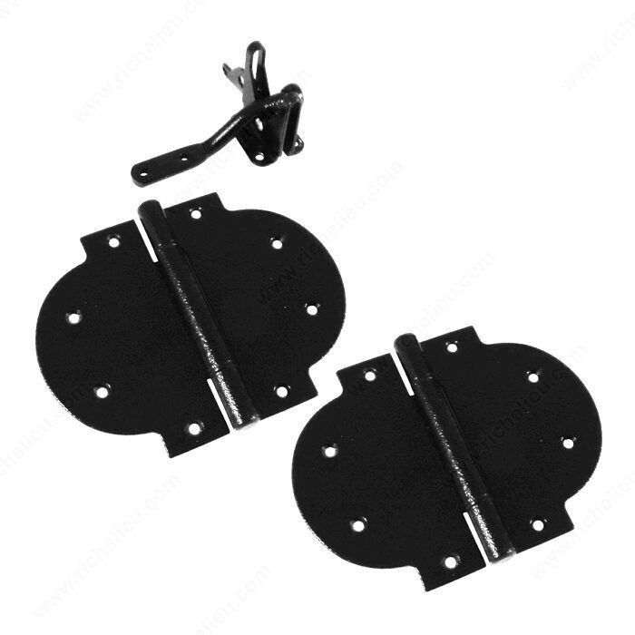 Decorative black gate hardware kit for wrought iron style gates.
