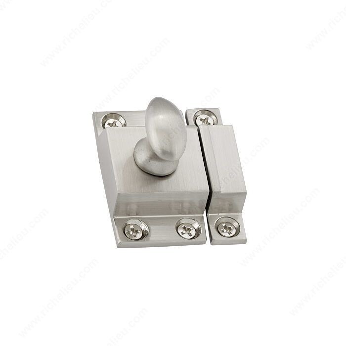 CABINET LATCH BRUSHED NICKEL 42x45mm Brushed nickel cabinet latch, 42 by 45mm, for keeping cabinet doors closed.