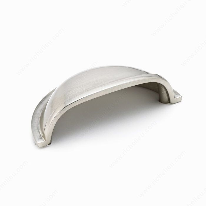 Brushed nickel drawer pull for cabinet and furniture drawers.