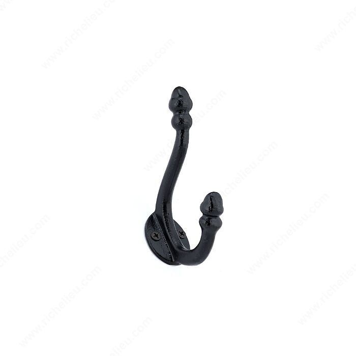Classic forged iron hook in a black finish for hanging coats, tools, or gear.