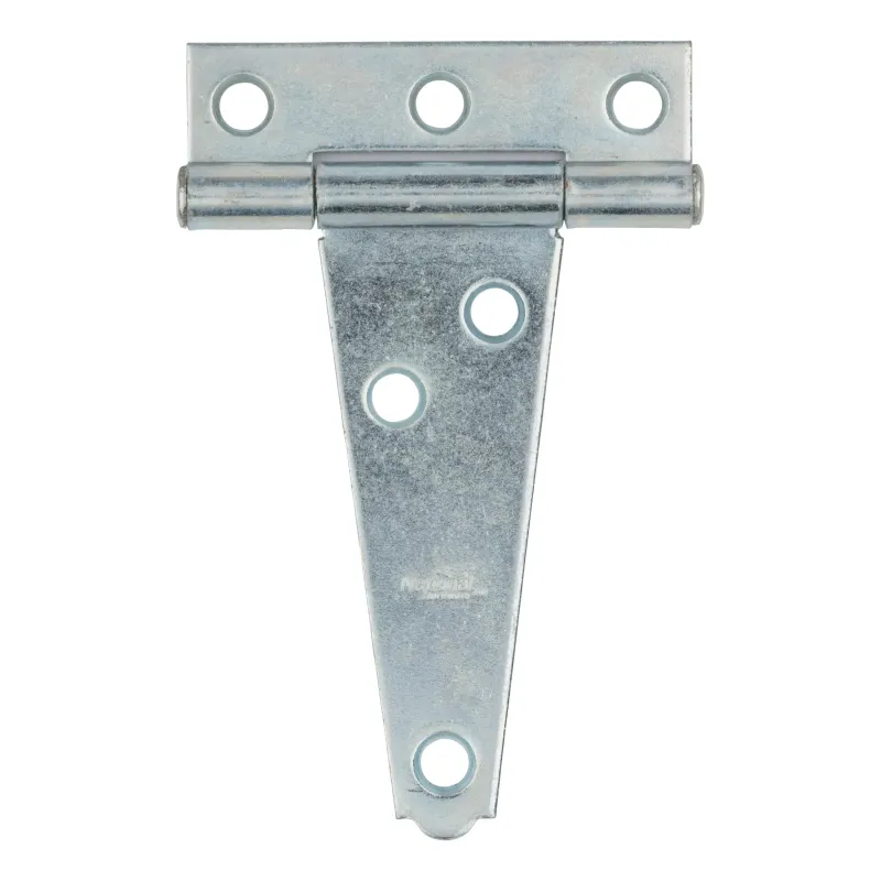4 4 inch T-hinge in zinc finish, light duty, for sheds, gates, and cabinet doors.