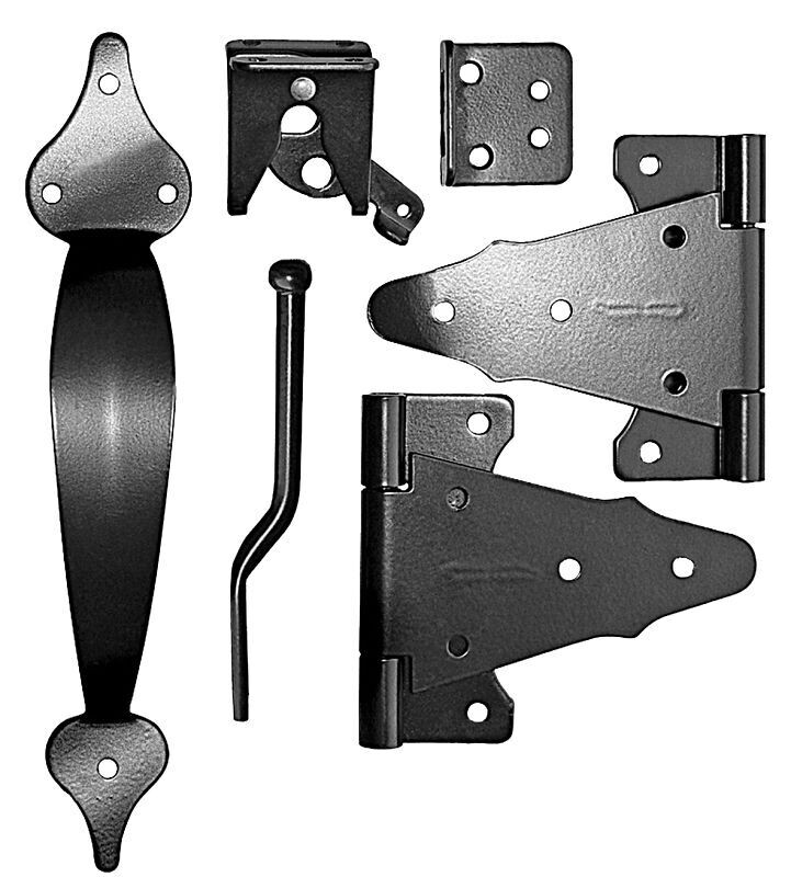 Black gate hardware kit for building and repairing wood gates.