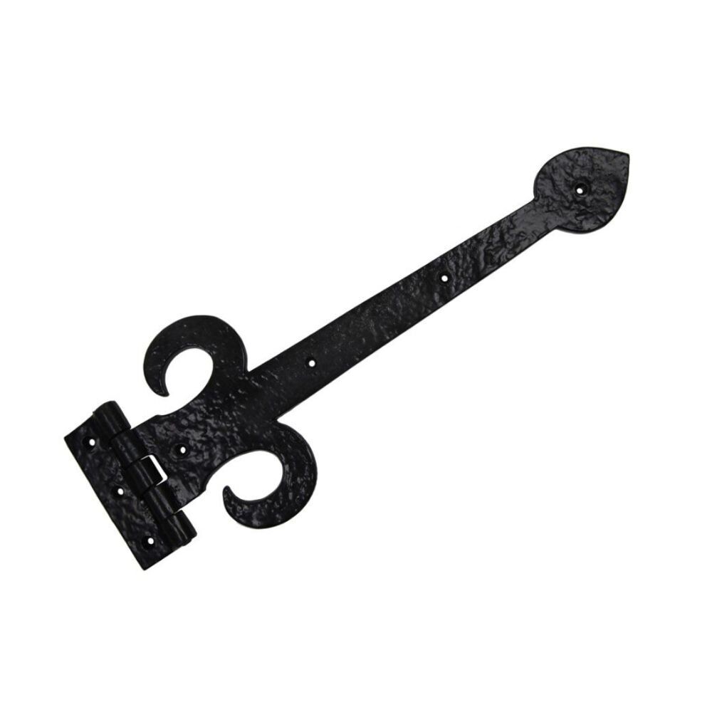 Heavy duty fleur de lis decorative hinge for gates and doors.
