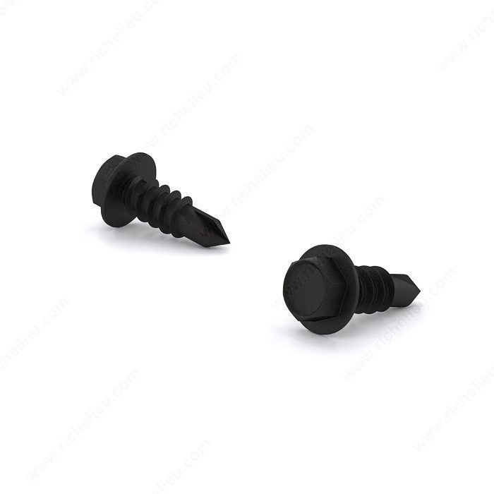 #8 x 1/2 inch hex head self-drilling screw in black.