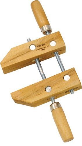 12 Inch wood handscrew clamp for holding glued joints during woodworking.