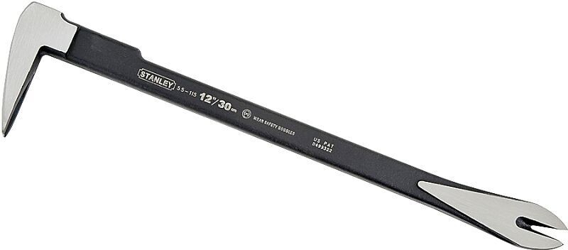 12 Inch Stanley claw bar for prying and pulling nails on job sites.