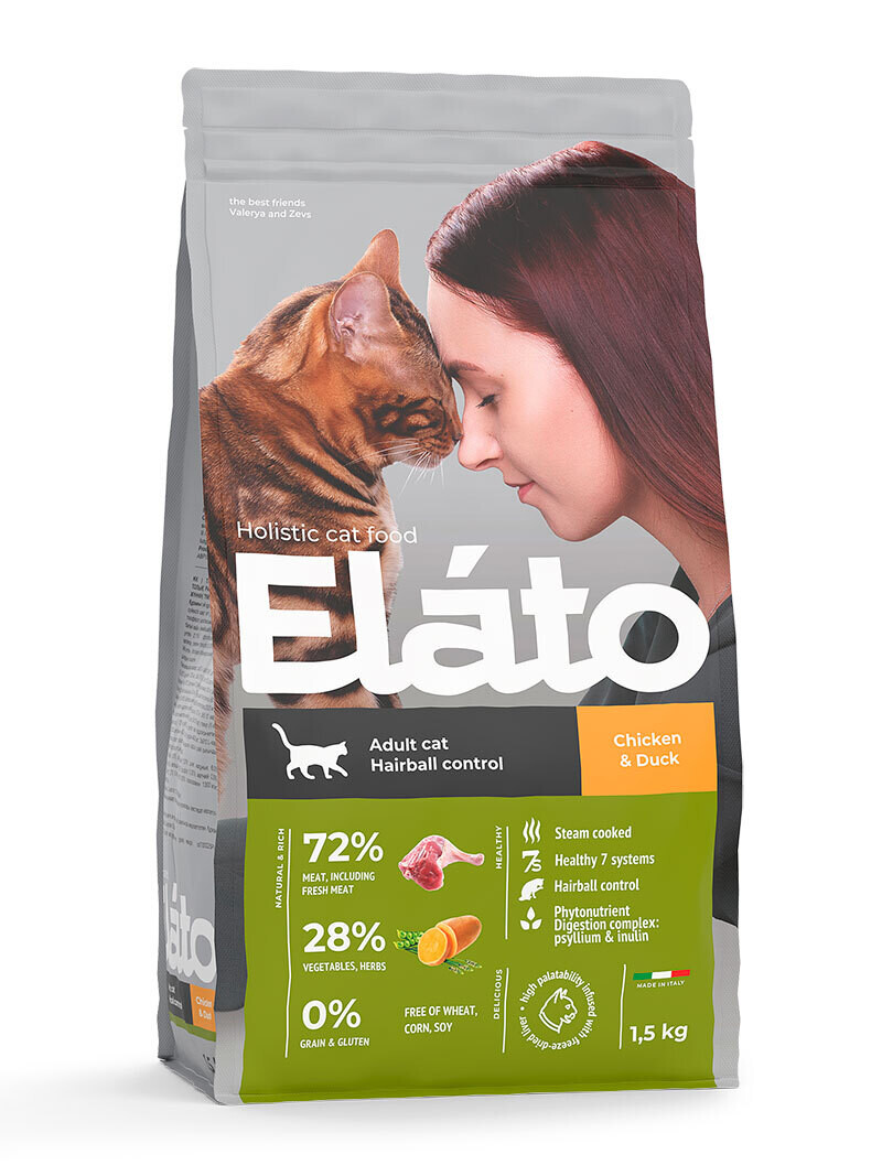 Elato Holistic корм для взрослых кошек с курицей и уткой / для выведения шерсти, 1,5кг