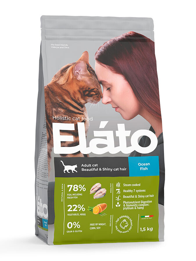 Elato Holistic корм д/взрос.кошек с рыбой для красивой и блестящей шерсти, 1,5кг