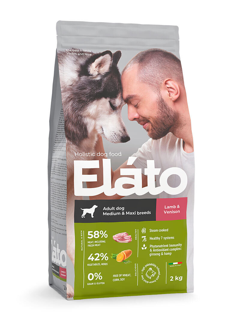 Elato Holistic корм для взрослых собак средних и крупных пород с ягненком и олениной, 2кг