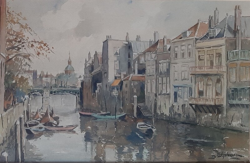 1 Watercolor: Houses at a cancel in the centre of Dordrecht, Netherlands