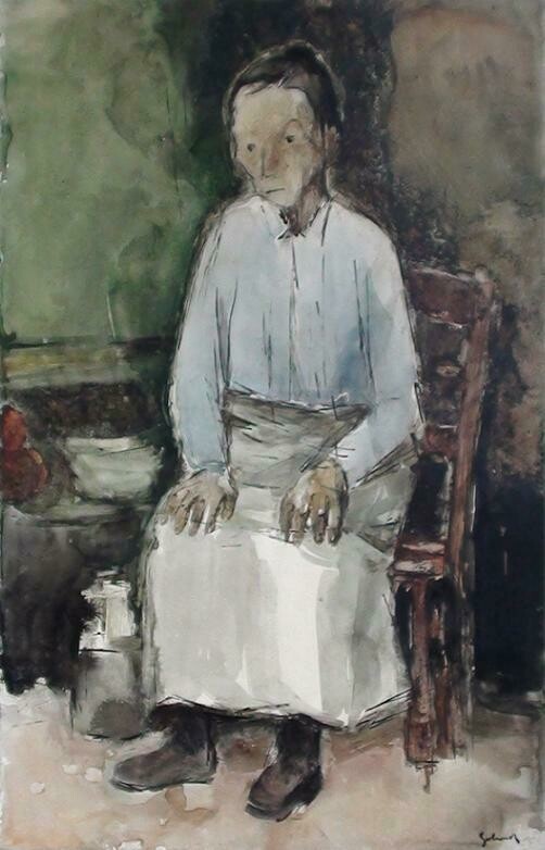 1 Watercolor: Old lady sitting on a chair