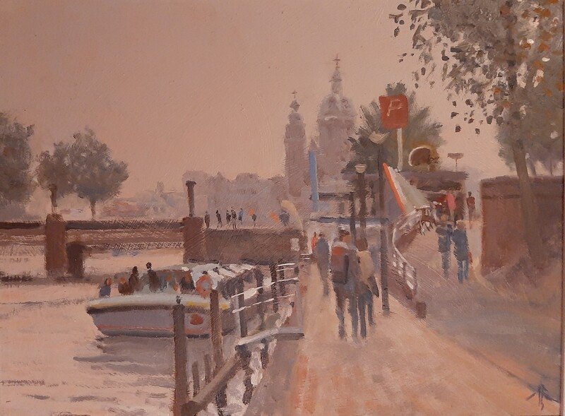 1 Oilpainting: Canal boat nearby Central Station and Nicolas Church