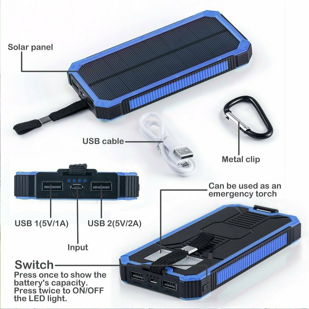 Portable Solar Power Bank 20000 mAh / Dual USB External Battery