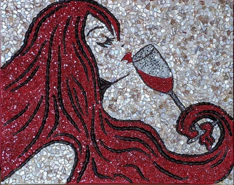 Mixed media acrylic painting, mosaic "For life", made with Mother of Pearl and sea glass.