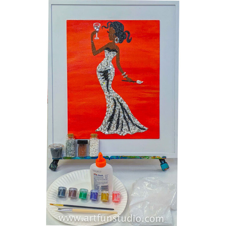 DIY Mosaic Wall Art Painting with crystal. "Summer Dream" - Woman in a sparkling dress on a dramatic sunset background.