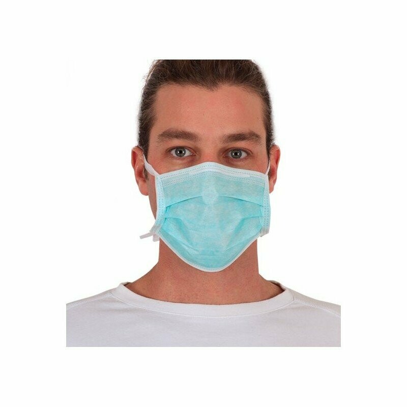 MASQUE CHIRURGICAL adulte, 3 plis bleu, blanc, avec liens - boite de 50