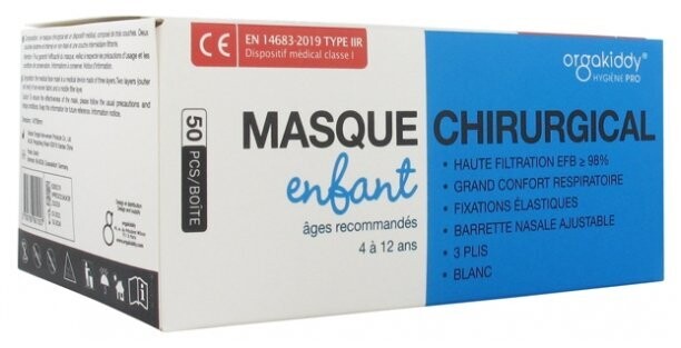 MASQUE CHIRURGICAL enfant, 3 PLIS, rose, bleu, blanc AVEC LIENS - boite de 50