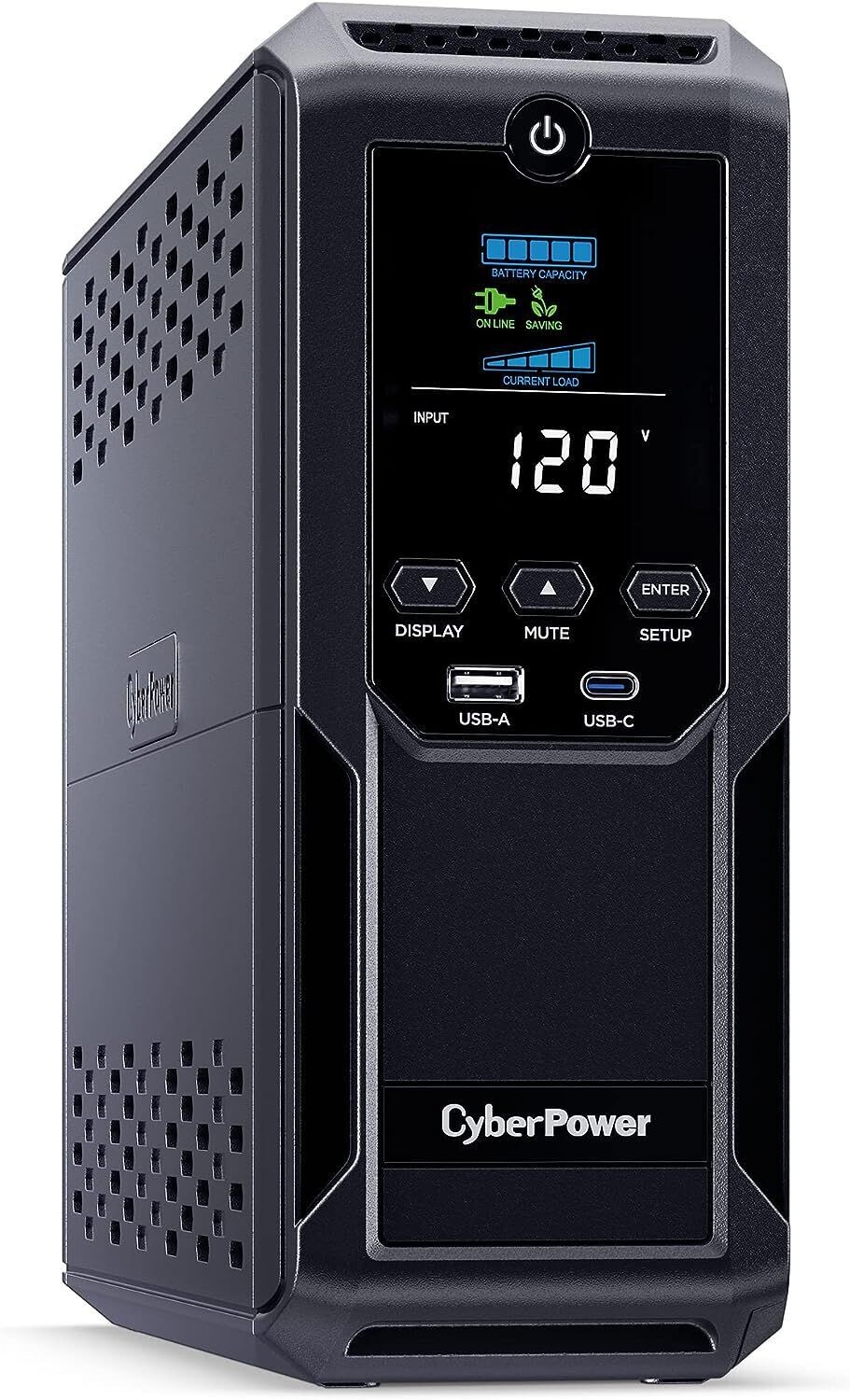 CyberPower CP1500AVRLCD3 Intelligent LCD UPS System, 1500VA/900W, 12 Outlets, 2 USB Ports, AVR, Mini Tower, Black