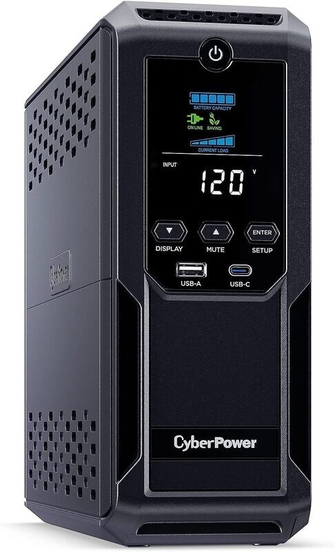 CyberPower CP1500AVRLCD3 Intelligent LCD UPS System, 1500VA/900W, 12 Outlets, 2 USB Ports, AVR, Mini Tower, Black