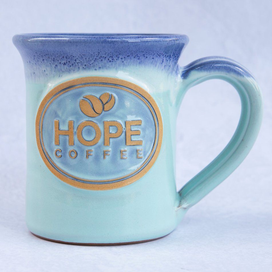 HOPE Coffee Mug - Flare Style Aqua with Blue White Glaze - 10 oz