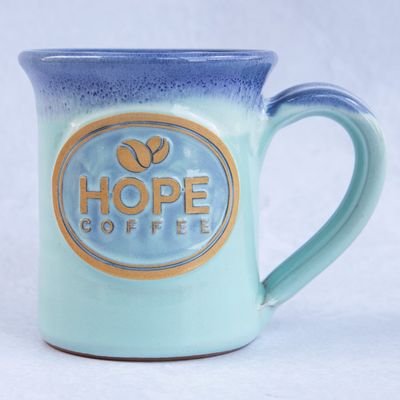 HOPE Coffee Mug - Flare Style Aqua with Blue White Glaze - 10 oz