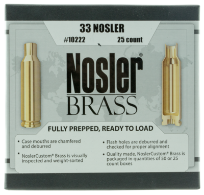 Nosler Unprimed Cases, Nos 10222 Custom Brass 33 Nosler    25