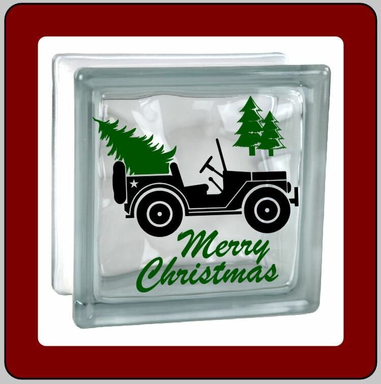 Christmas Jeep looking decal sticker decal for 8&quot;x 8&quot; Glass block.
