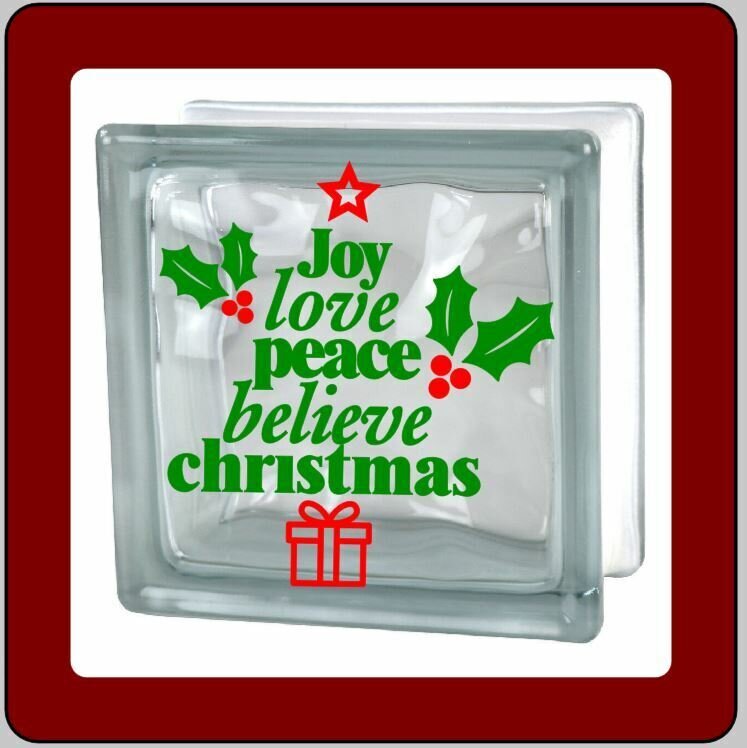 Christmas tree Joy, Love, Peace decal sticker decal for 8"x 8" Glass block.