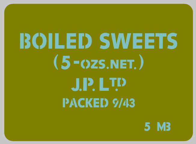 Ration Tin stencils Boiled sweets,  Chocolate, Lemonade, Salt and Matches etc for re-enactors ww2 army prop