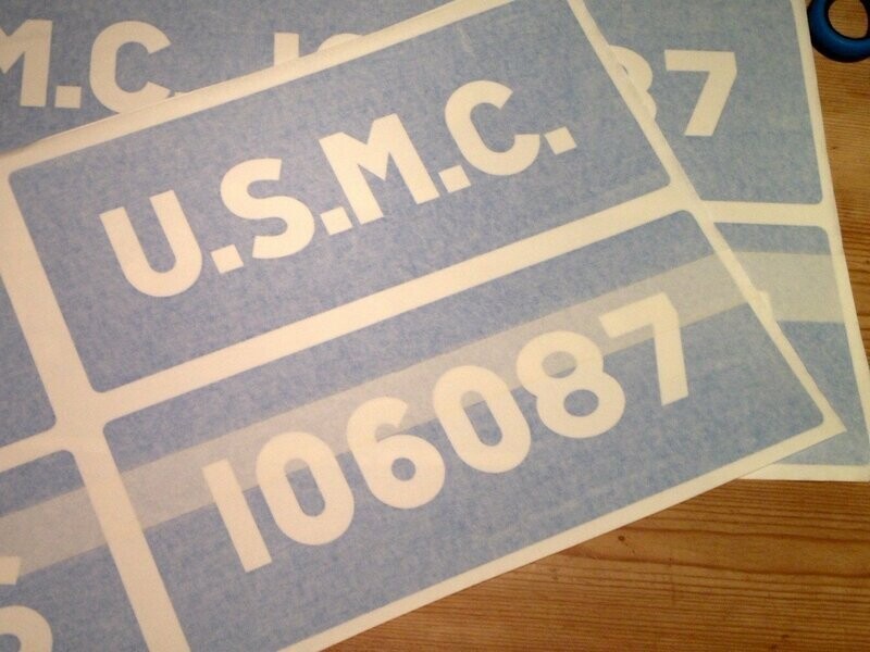 Factory font side of tub U.S.M.C. stencils to suit J eep ww2 army