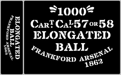 Elongated Ball ammunition box stencils American Civil war, choice of Arsenal.