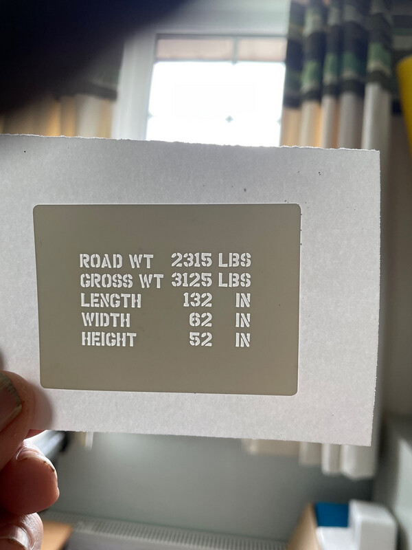 1/6th 1:6 Scale Shipping Weights And Measures stencil to suit Dragon RocHobby size model J eep