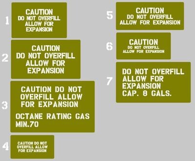 Fuel tank DO NOT OVERFILL stencil to suit J eeps Dodge GMC etc