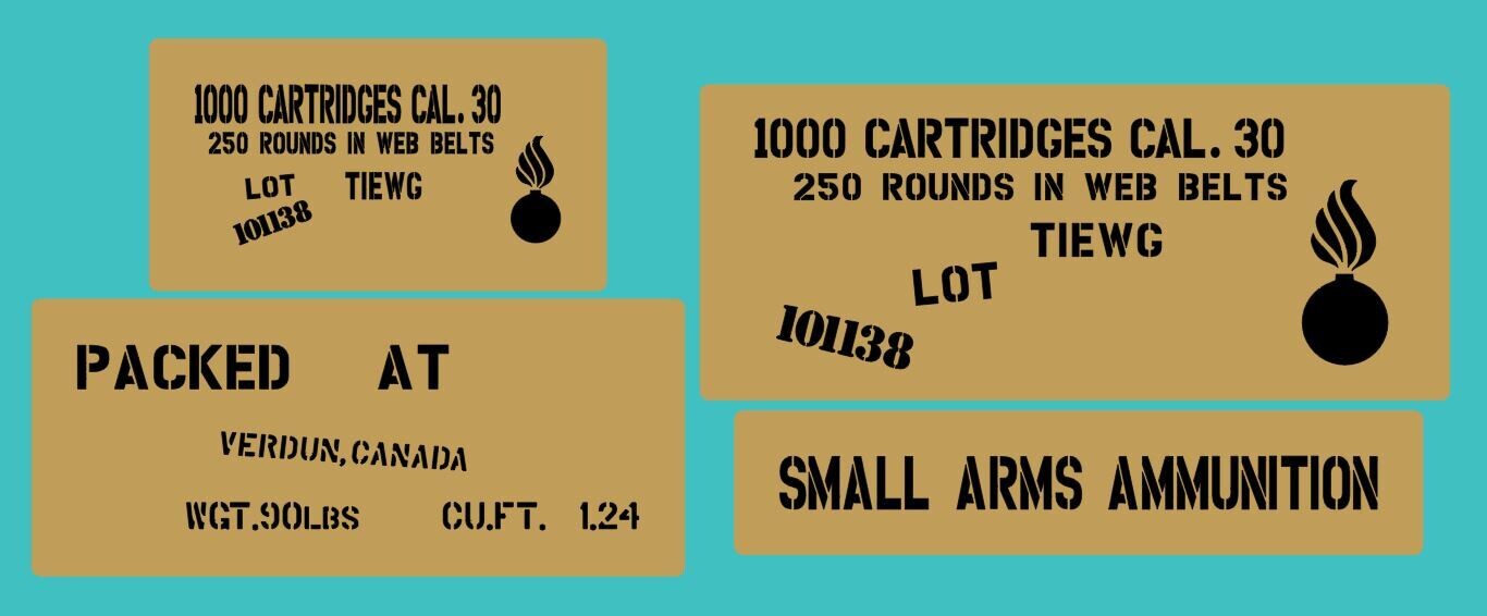 1000 30 Cal Rounds in 250 web belts round ammo box stencil set
