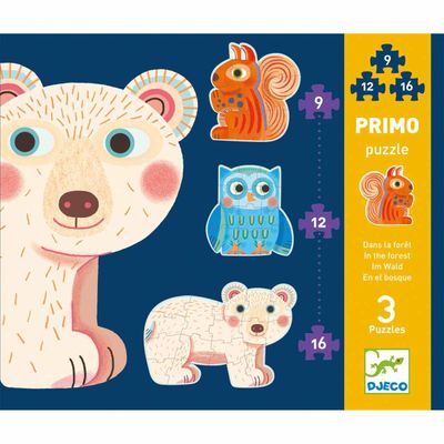 3 PUZZLES - IM WALD - 9, 12, 16 Teile  von Djeco