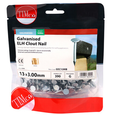 13mm Galvanised ELH Clout Nails 500G